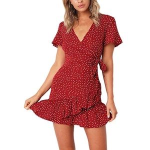 Red Floral Ruffle Wrap Dress